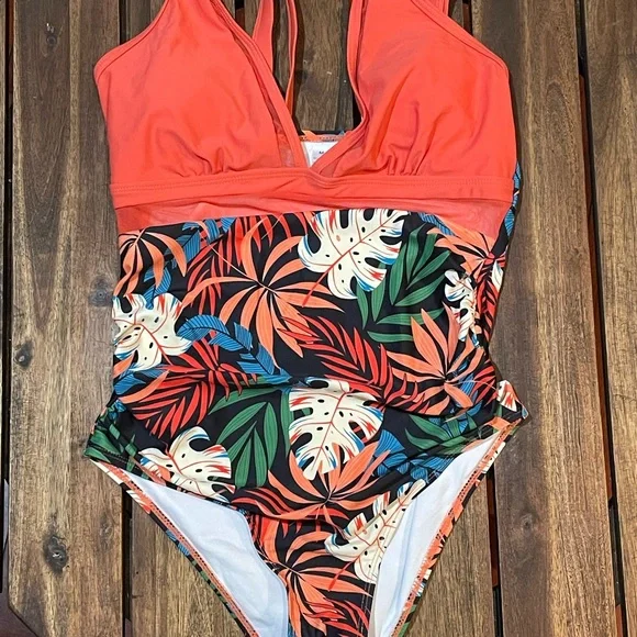Bold Orange and Green One Piece Swimwear - Picture 3 of 9